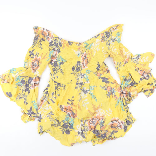 River Island Womens Yellow Floral Viscose Basic T-Shirt Size 12 Off the Shoulder