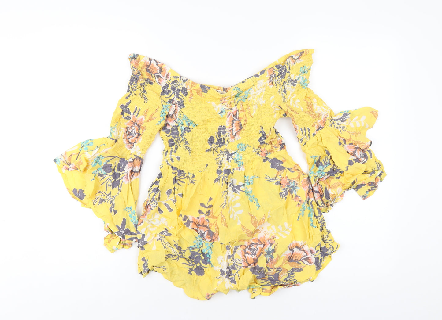 River Island Womens Yellow Floral Viscose Basic T-Shirt Size 12 Off the Shoulder