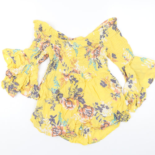 River Island Womens Yellow Floral Viscose Basic T-Shirt Size 12 Off the Shoulder
