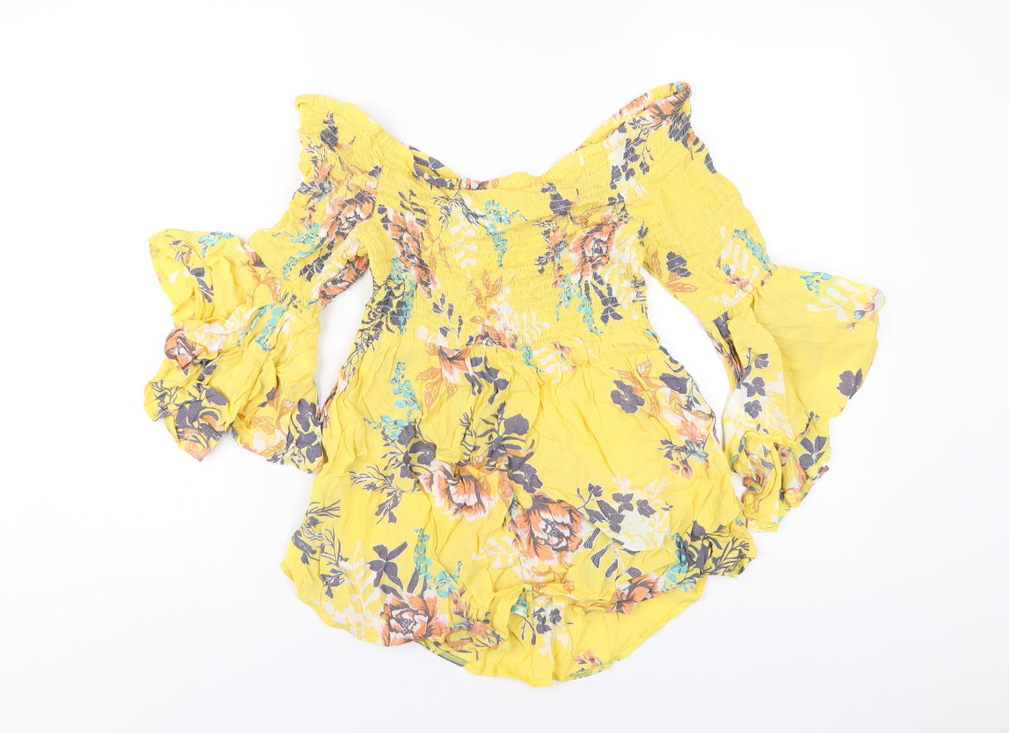 River Island Womens Yellow Floral Viscose Basic T-Shirt Size 12 Off the Shoulder
