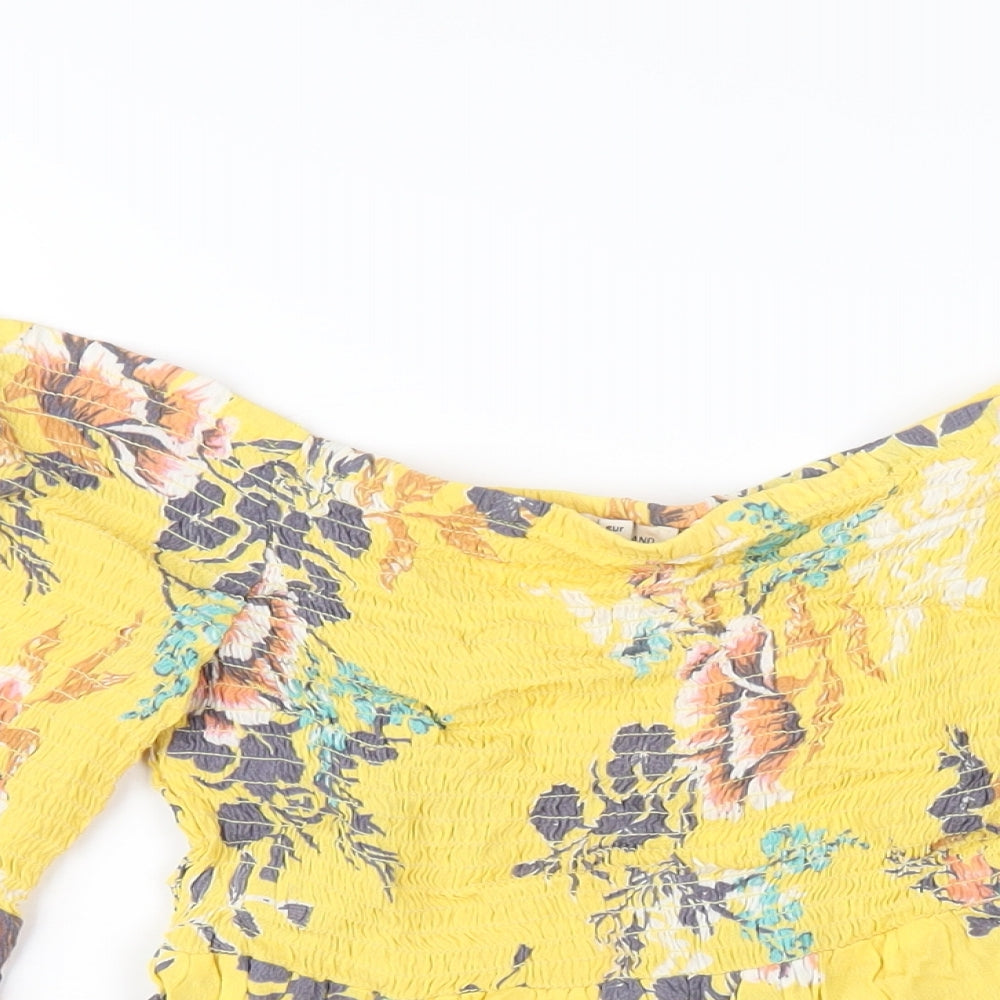 River Island Womens Yellow Floral Viscose Basic T-Shirt Size 12 Off the Shoulder