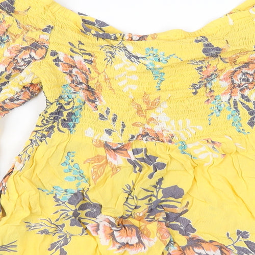 River Island Womens Yellow Floral Viscose Basic T-Shirt Size 12 Off the Shoulder