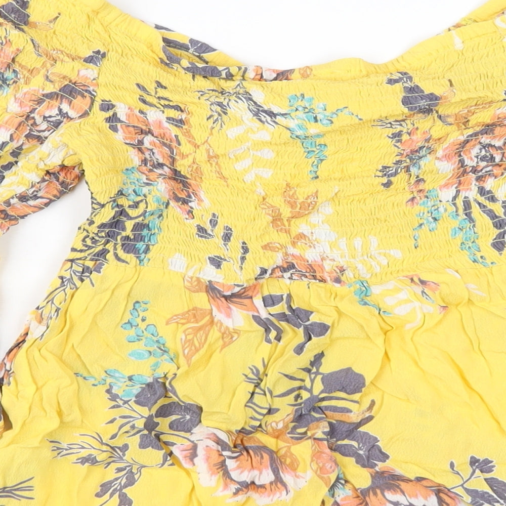 River Island Womens Yellow Floral Viscose Basic T-Shirt Size 12 Off the Shoulder