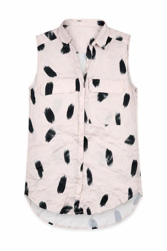 Front view of H&M women’s pink geometric polyester basic button-up, size UK 12, collared