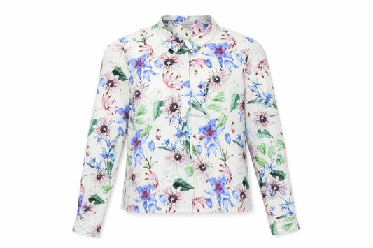 Front view of H&M women’s multicoloured floral polyester basic button-up, size UK 6, collared