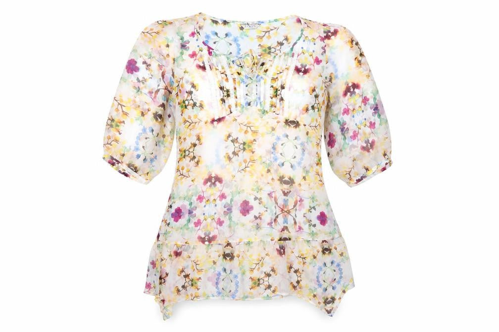 Front view of Indigo women’s multicoloured floral polyester a-line, size UK 12, round neck pullover