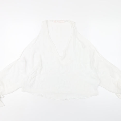 Zara Womens White Polyester Basic T-Shirt Size S V-Neck