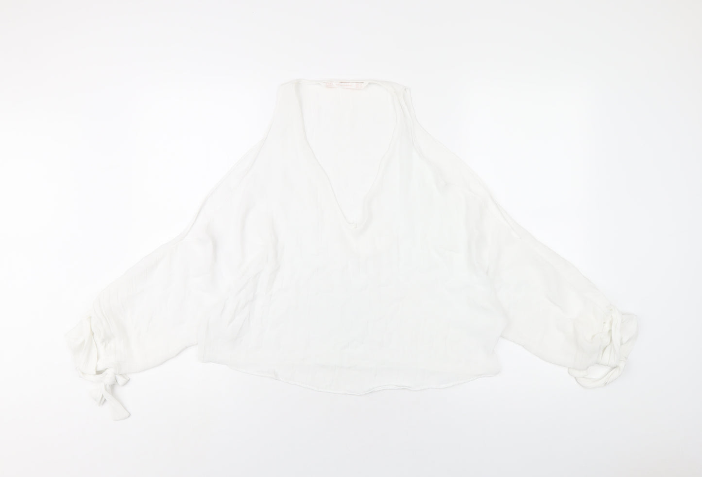 Zara Womens White Polyester Basic T-Shirt Size S V-Neck
