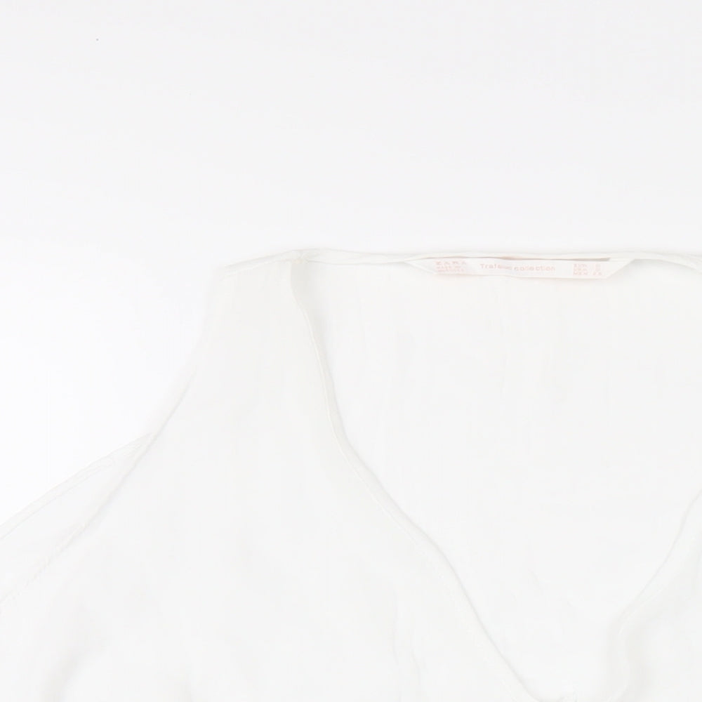 Zara Womens White Polyester Basic T-Shirt Size S V-Neck