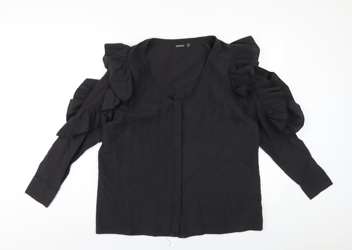 Boohoo Womens Black Polyester Basic T-Shirt Size 16 Round Neck