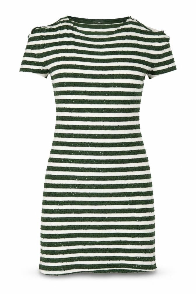 Front view of Next women’s green striped polyester t-shirt dress, size UK 8, round neck pullover