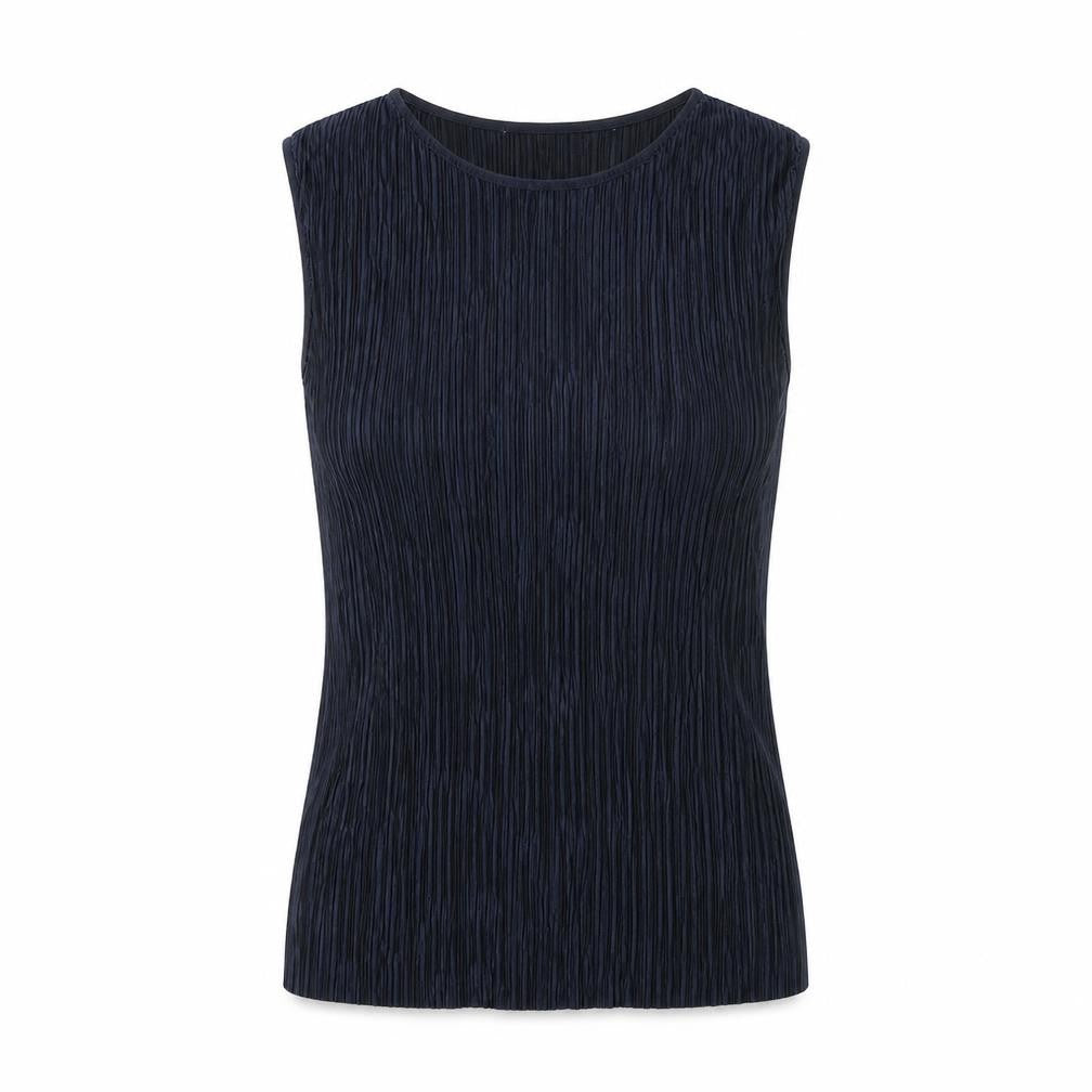 Front view of Dorothy Perkins women’s blue polyester basic tank, size UK 10, round neck