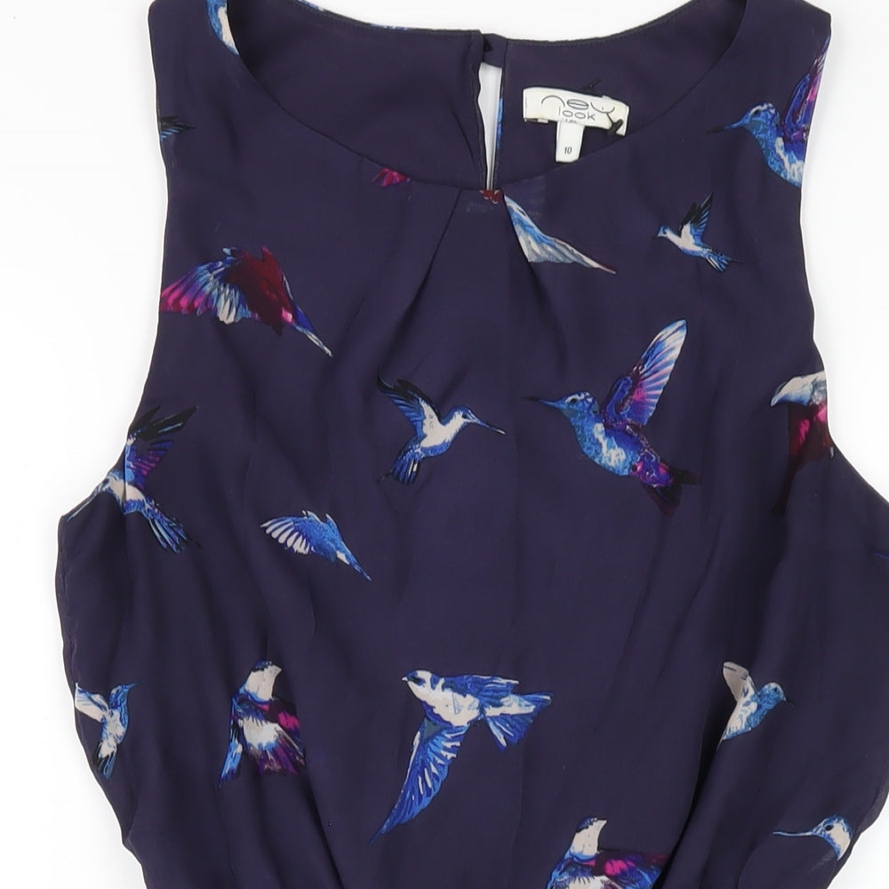 New Look Womens Blue Geometric Polyester A-Line Size 10 Round Neck Button