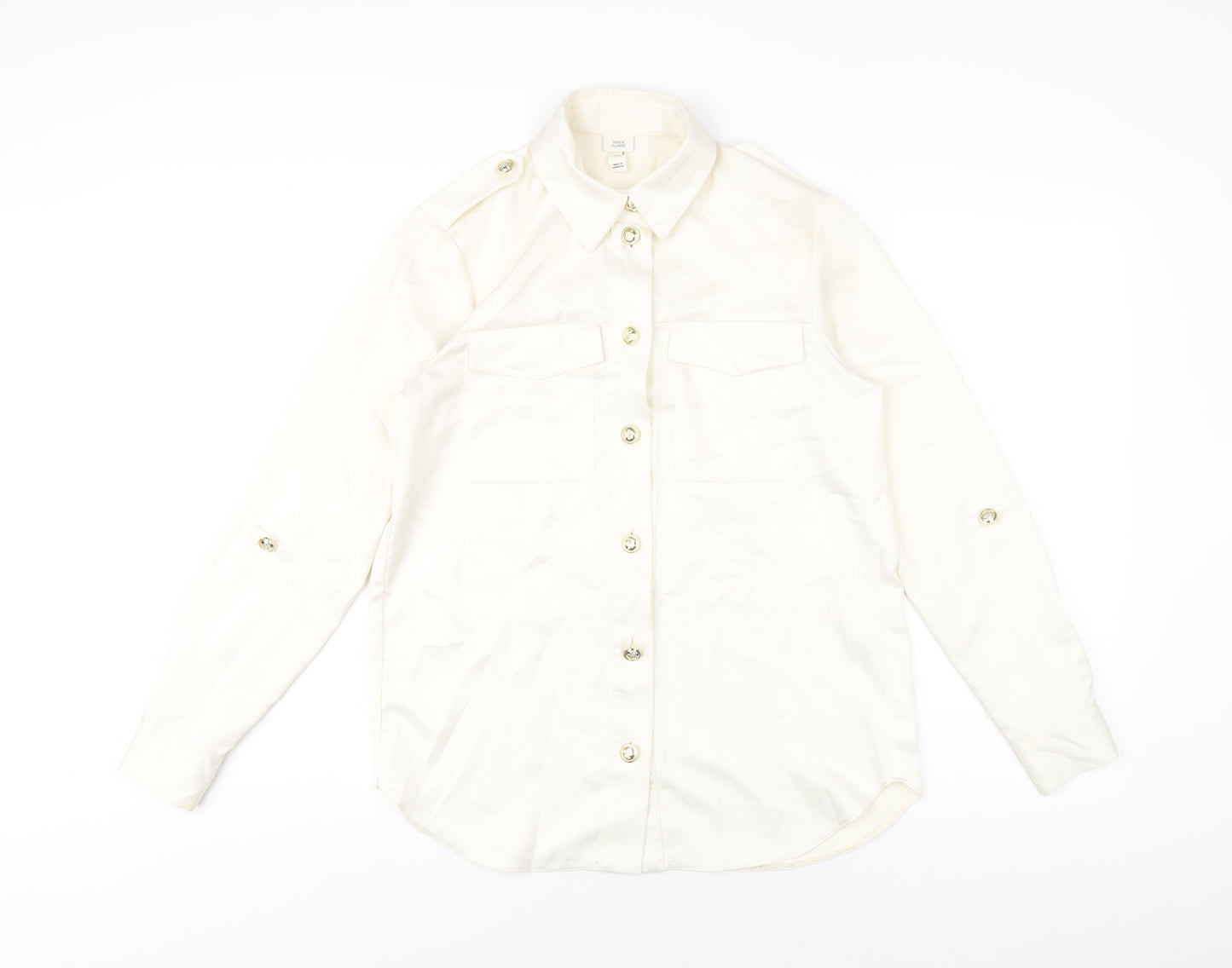 River Island Womens Ivory Polyester Basic Button-Up Size 6 Collared