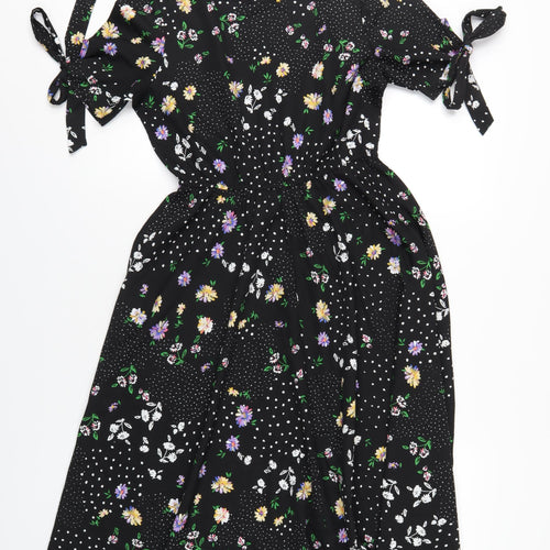Boohoo Womens Black Floral Polyester A-Line Size 10 Round Neck Button