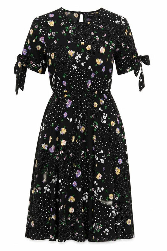Front view of Boohoo women’s black floral polyester a-line, size UK 10, round neck button