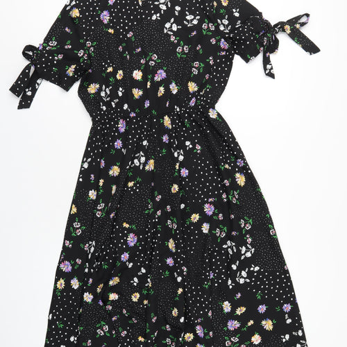 Boohoo Womens Black Floral Polyester A-Line Size 10 Round Neck Button