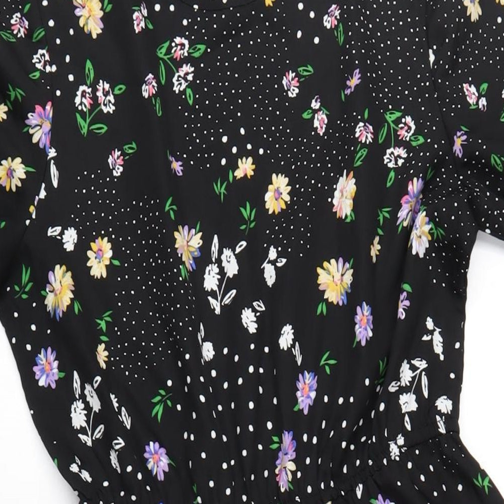 Boohoo Womens Black Floral Polyester A-Line Size 10 Round Neck Button