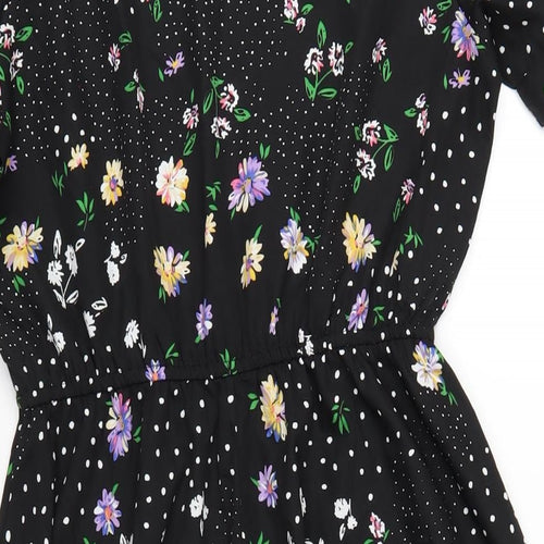 Boohoo Womens Black Floral Polyester A-Line Size 10 Round Neck Button