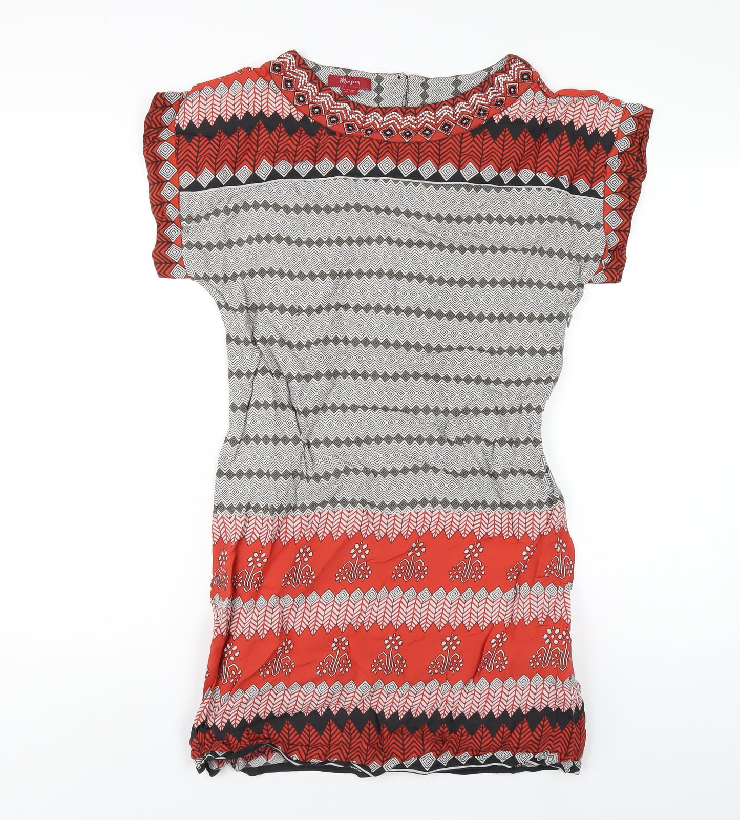 Monsoon Womens Multicoloured Geometric Viscose A-Line Size 10 Round Neck Zip - Beaded Neckline