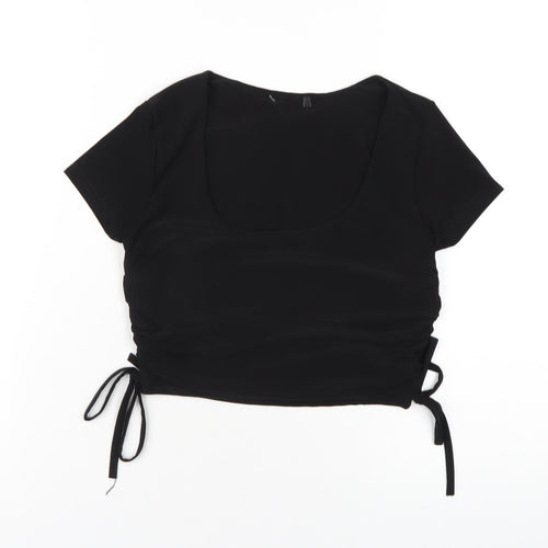 Boohoo Womens Black Polyester Cropped T-Shirt Size 10 Scoop Neck