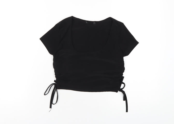 Boohoo Womens Black Polyester Cropped T-Shirt Size 10 Scoop Neck
