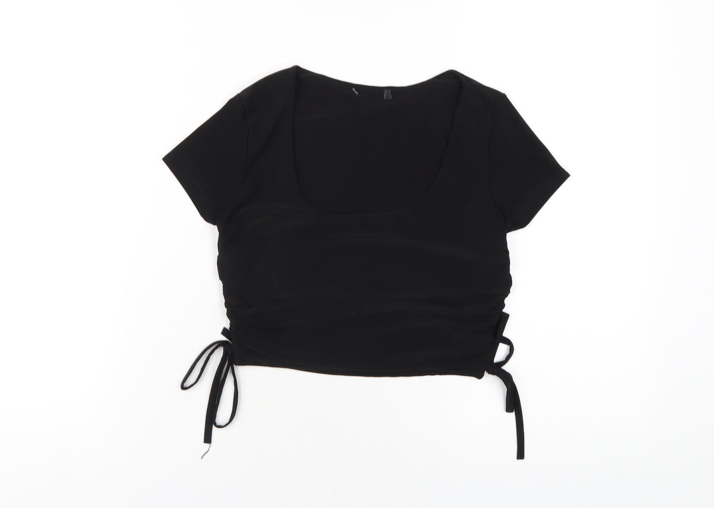 Boohoo Womens Black Polyester Cropped T-Shirt Size 10 Scoop Neck