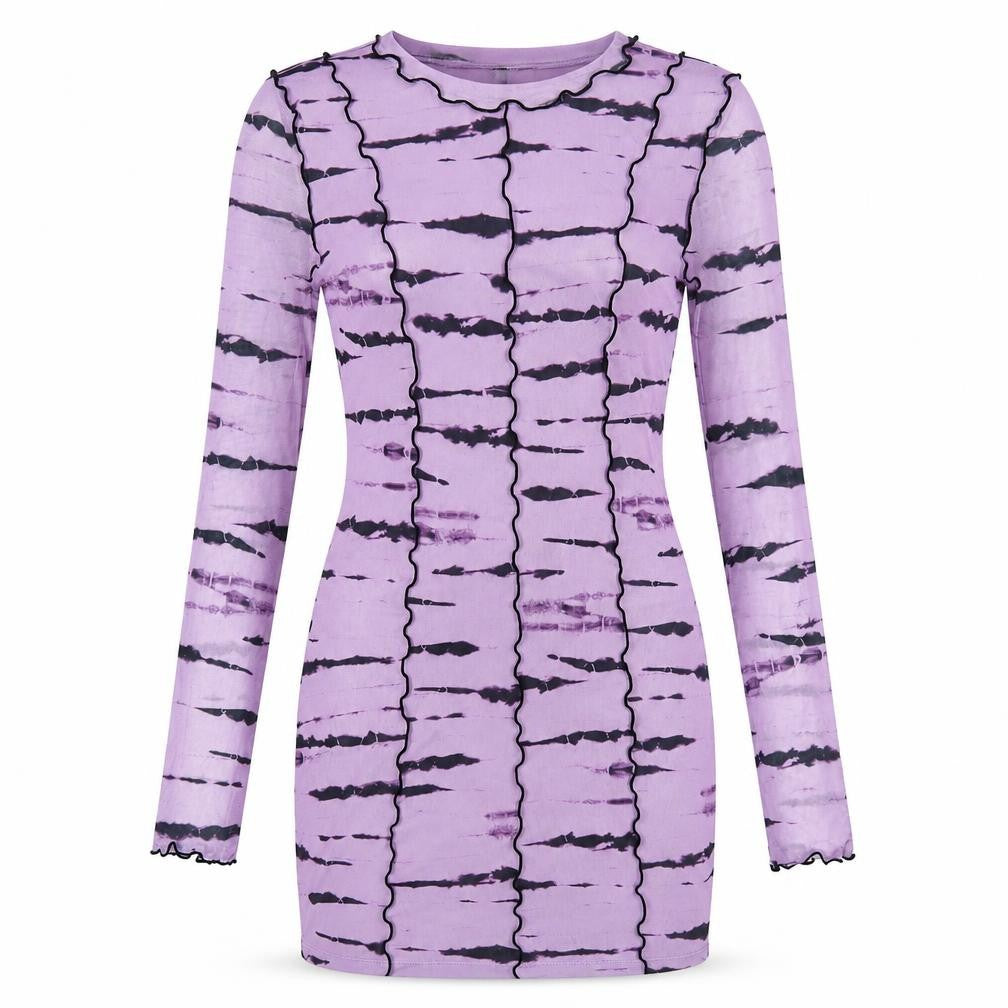 Front view of H&M women’s purple geometric polyester bodycon, size M, round neck pullover