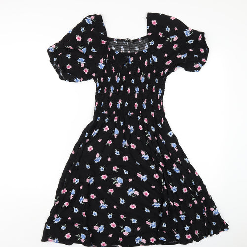 Select Womens Black Floral Viscose A-Line Size 8 Square Neck Pullover