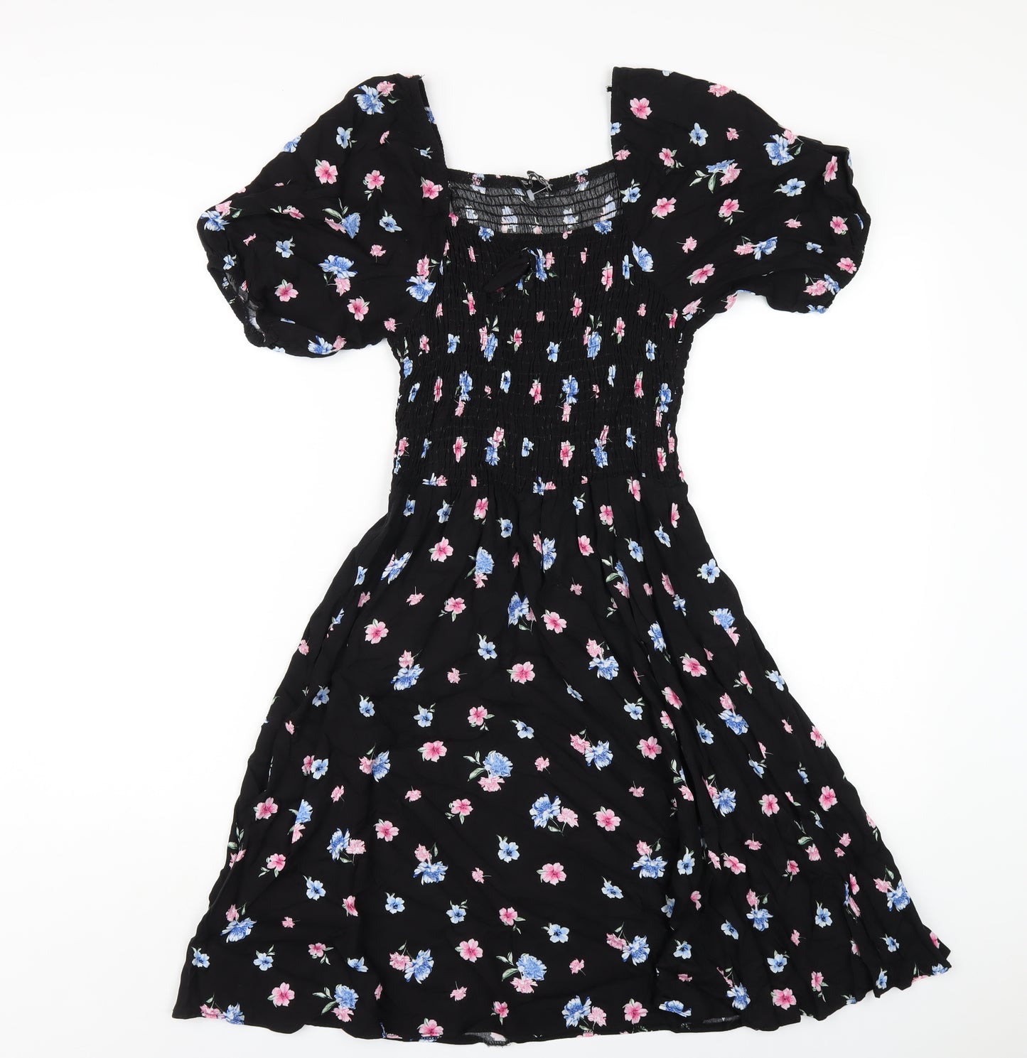 Select Womens Black Floral Viscose A-Line Size 8 Square Neck Pullover