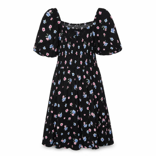 Front view of Select women’s black floral viscose a-line, size UK 8, square neck pullover