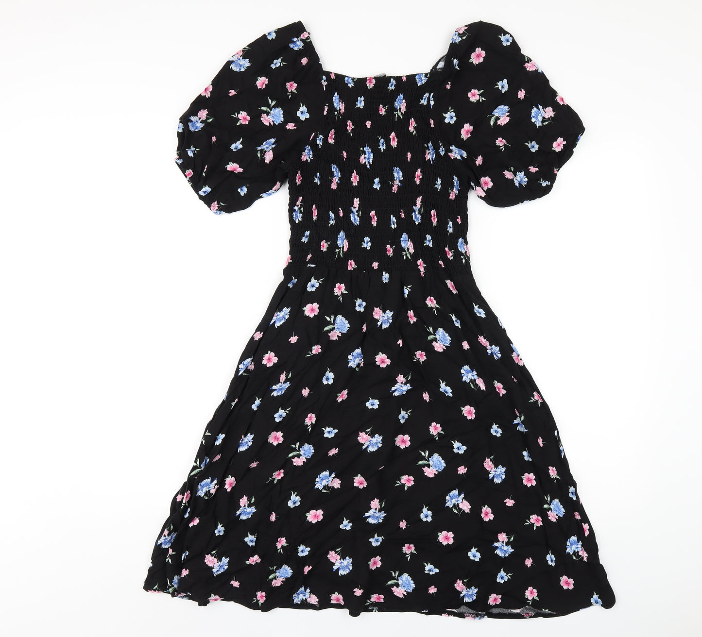 Select Womens Black Floral Viscose A-Line Size 8 Square Neck Pullover