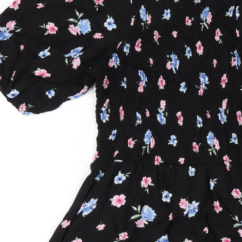 Select Womens Black Floral Viscose A-Line Size 8 Square Neck Pullover