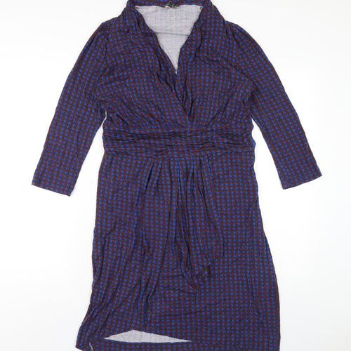 N.W 3 Womens Blue Geometric Viscose A-Line Size 14 V-Neck Pullover