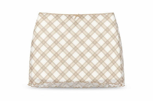 Front view of H&M women’s beige plaid polyester mini skirt, size S
