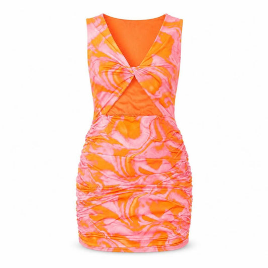 Front view of QED London women’s pink geometric polyester bodycon, size UK 12, v-neck pullover