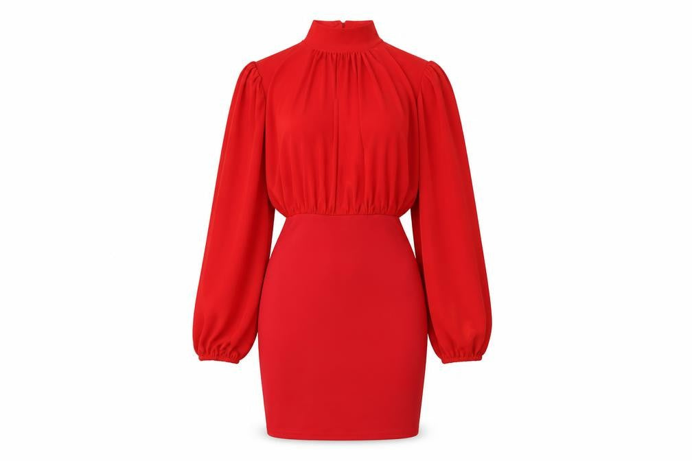 Front view of Edge Street women’s red polyester bodycon, size UK 10, mock neck button