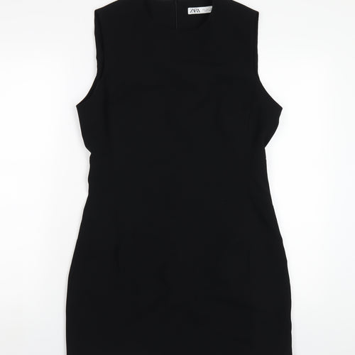 Zara Womens Black Polyester Pencil Dress Size L Round Neck Zip