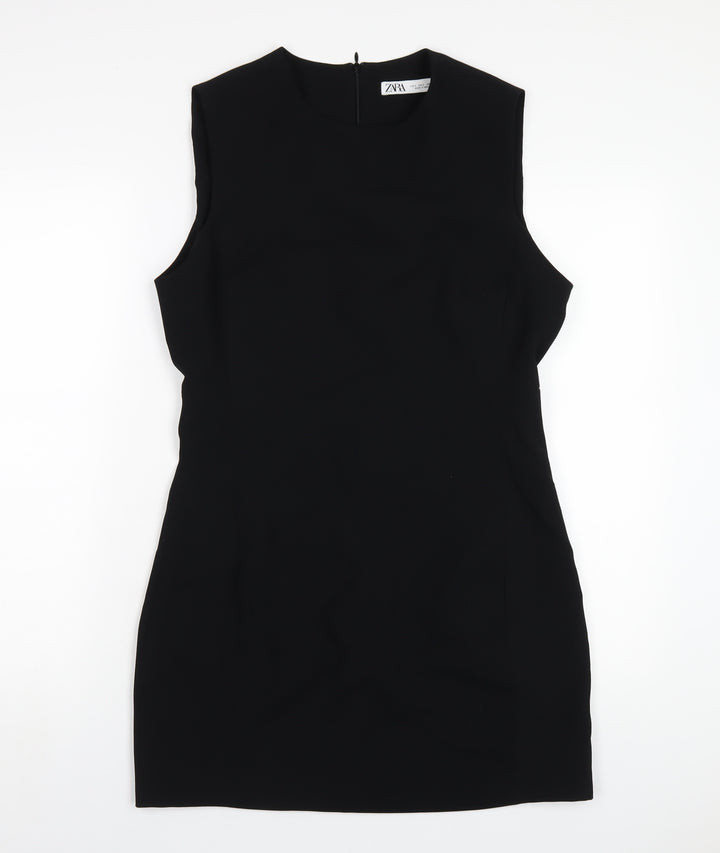 Zara Womens Black Polyester Pencil Dress Size L Round Neck Zip