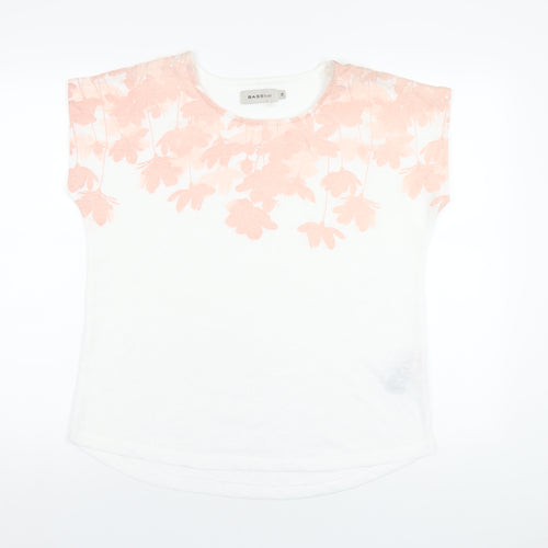 BASSINI Womens White Floral Polyester Basic T-Shirt Size 14 Round Neck