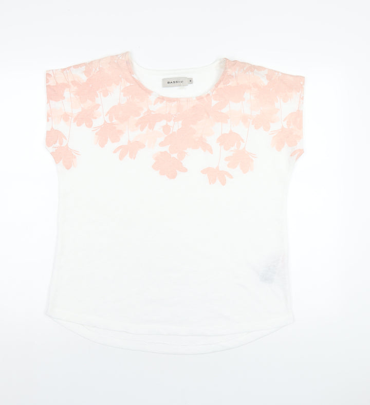 BASSINI Womens White Floral Polyester Basic T-Shirt Size 14 Round Neck