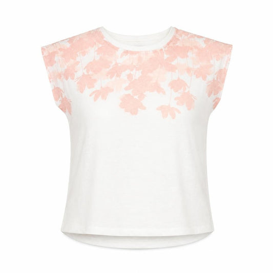 Front view of Bassini women’s white floral polyester basic t-shirt, size UK 14, round neck