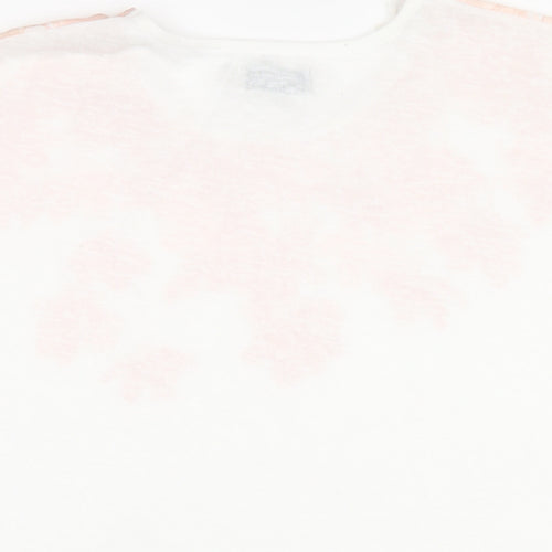 BASSINI Womens White Floral Polyester Basic T-Shirt Size 14 Round Neck