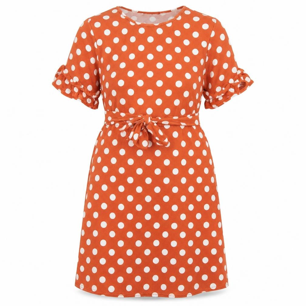 Front view of Boohoo women’s brown polka dot polyester a-line, size UK 12, round neck pullover