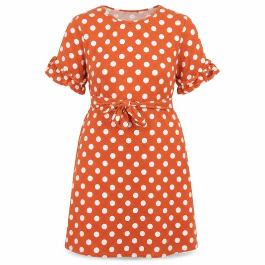 Front view of Boohoo women’s brown polka dot polyester a-line, size UK 12, round neck pullover
