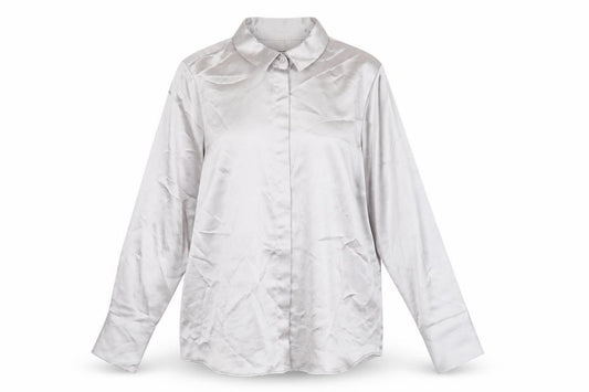Front view of Marks & Spencer women’s silver polyester basic button-up, size UK 14, collared