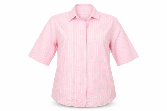 Front view of Brook Taverner women’s pink striped polyester basic button-up, size UK 16, collared