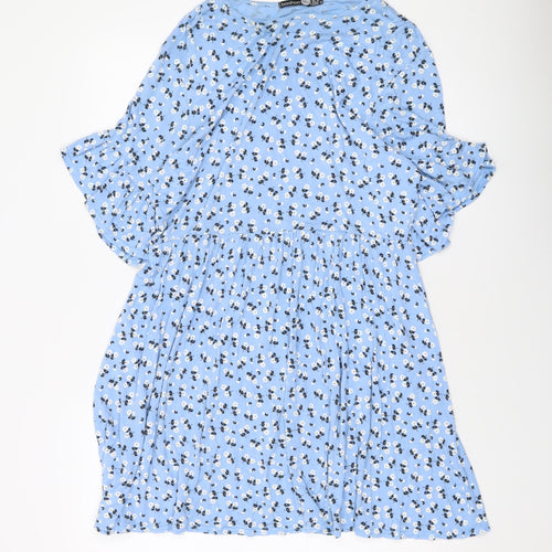 Boohoo Womens Blue Floral Viscose A-Line Size 14 Round Neck Pullover
