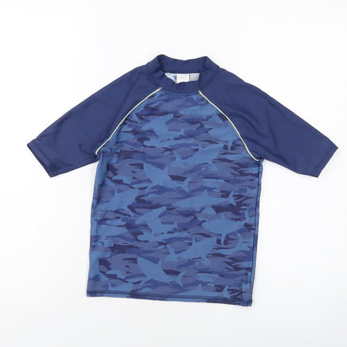 Marks and Spencer Boys Blue Camouflage Polyamide Basic T-Shirt Size 8-9 Years Mock Neck Pullover