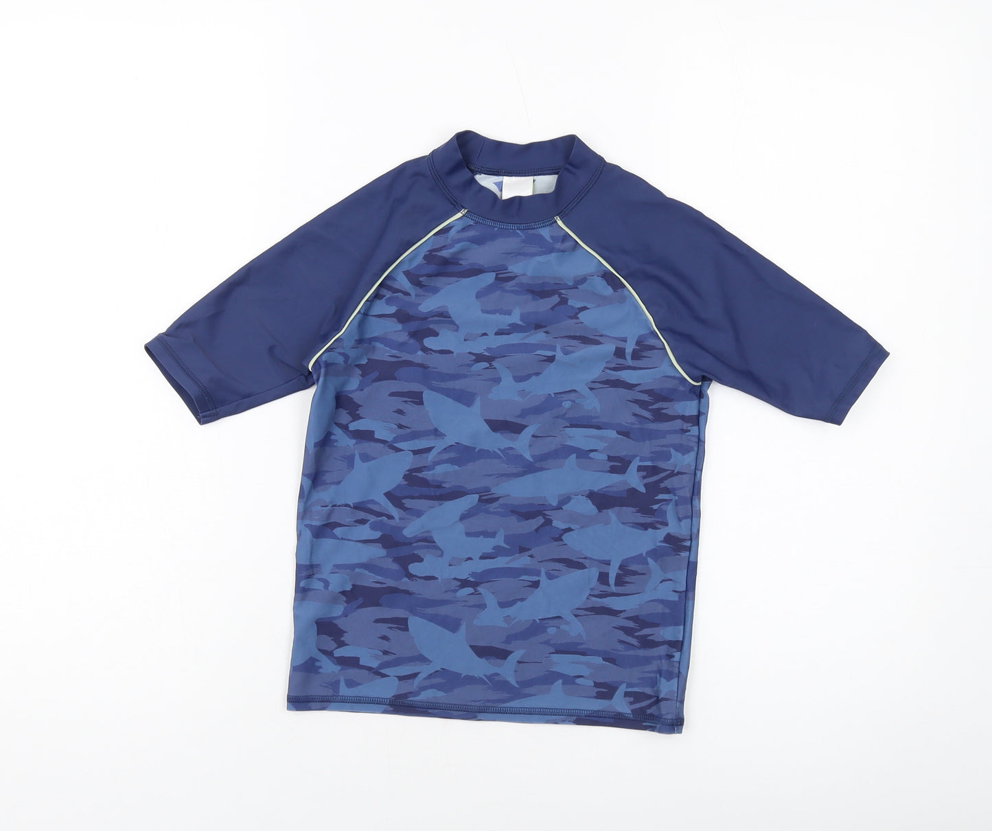 Marks and Spencer Boys Blue Camouflage Polyamide Basic T-Shirt Size 8-9 Years Mock Neck Pullover